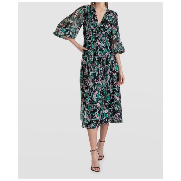 Anthropologie Shoshanna Silk Floral Midi Dress Sheer Puff Sleeve Wedding Guest 8 - Picture 1 of 11